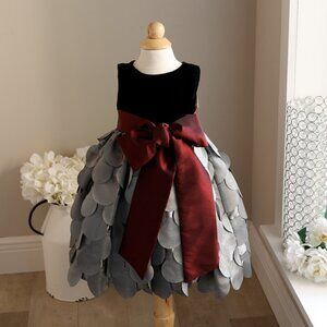 Black Velvet Silver Taffeta Dress Burgundy Sash Special Occasion Flower Girl